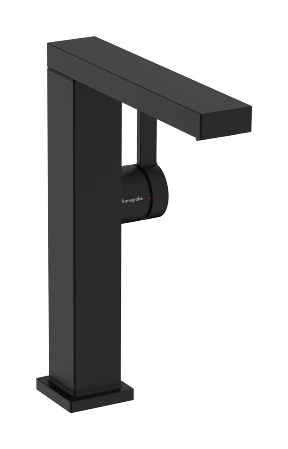 Schwarzer hansgrohe Waschtischmischer mit schwenkbarem Auslauf und Push-Open Ablaufgarnitur, einfaches und modernes Design.